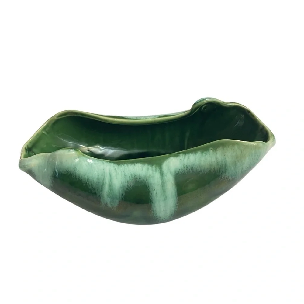 Vintage Green Ceramic Leaf Dish Bowl – Mid-Century Modern Planter Decor Bowl